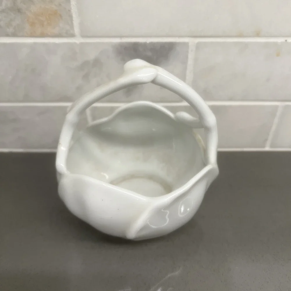 Giraud Limoges France Lotus Petal White Porcelain Basket Bowl With Handle